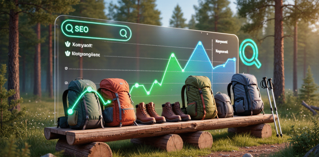 Backpacks on bench with digital SEO graph overlay.