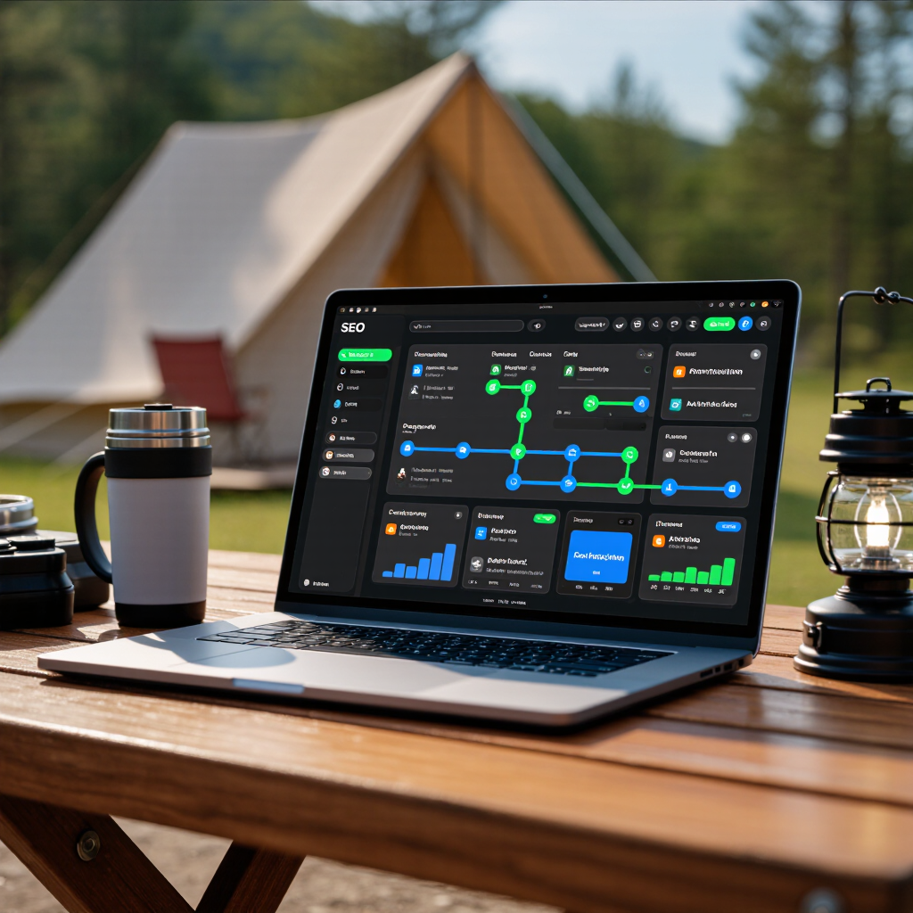 Laptop displaying SEO analysis outdoors.