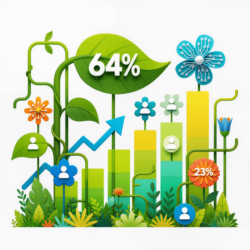 Eco-friendly growth chart with flowers and percentages.