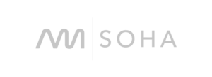 SOHA logo with stylised letters on black background.