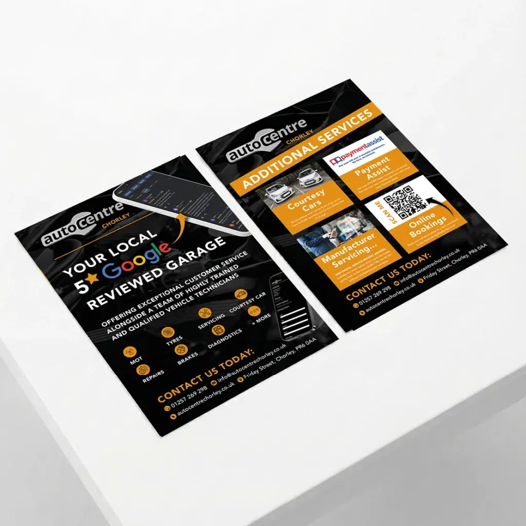 AutoCentre Chorley garage services flyer on display.