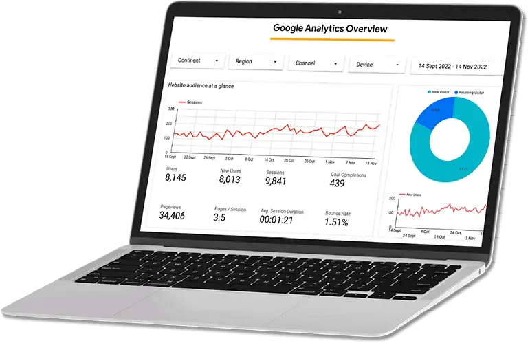 Laptop displaying Google Analytics data overview screen.