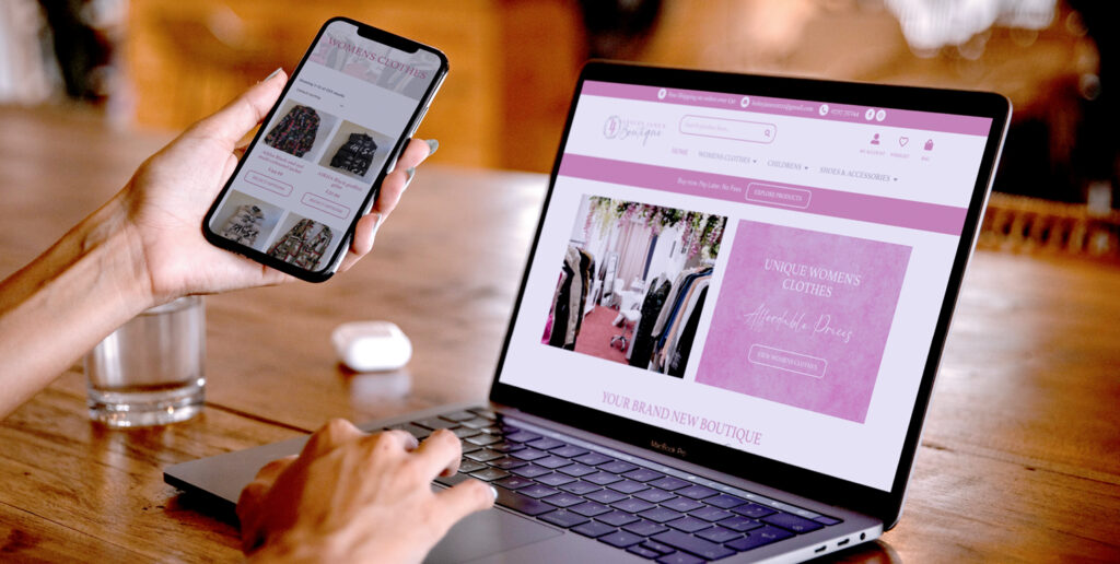 Shopping online for women's clothing on phone, laptop.