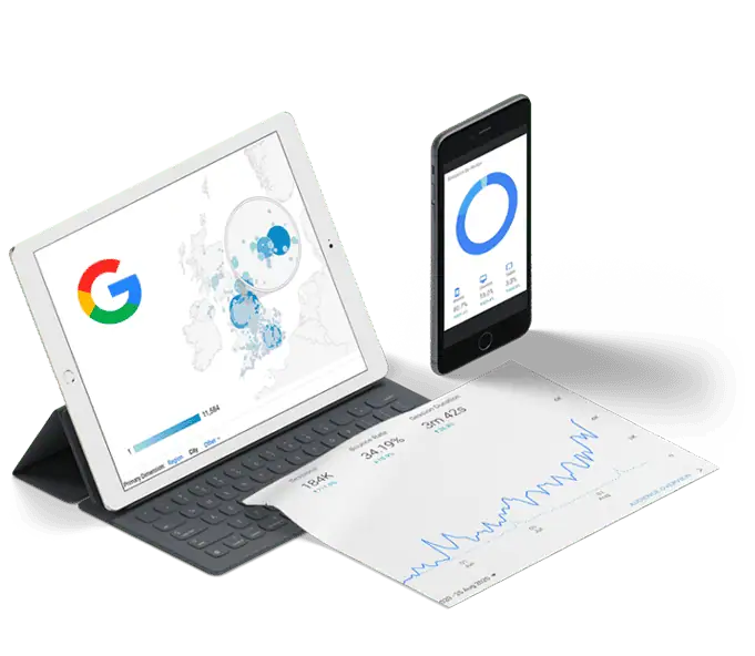 Digital analytics on tablet, mobile, and paper graphs.