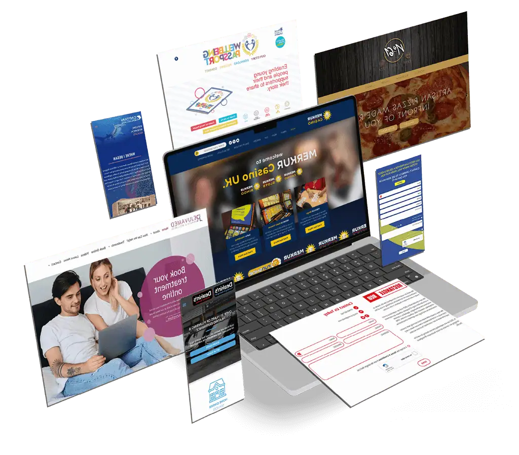 Laptop displaying multiple website designs.