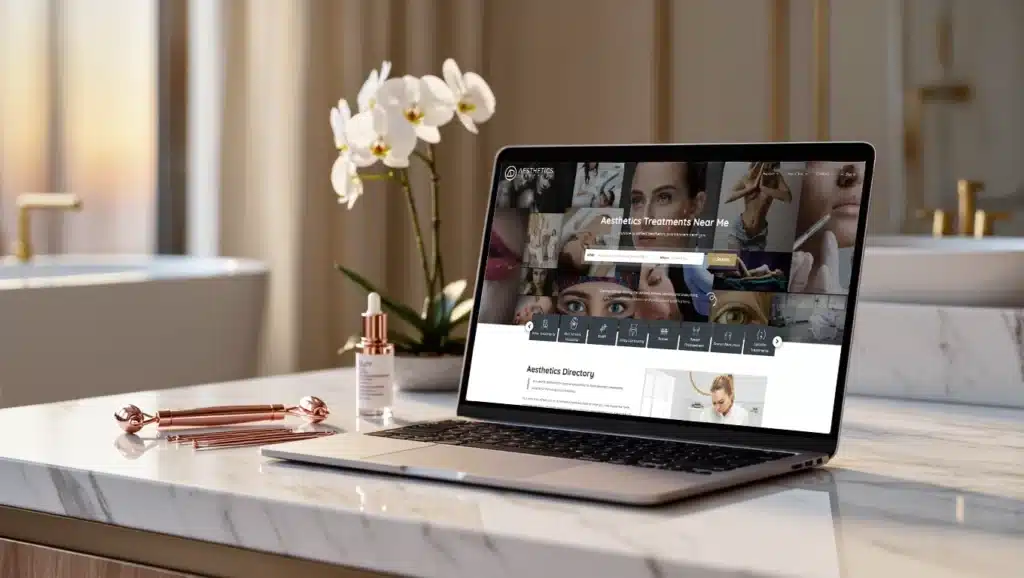 Laptop displaying aesthetics treatment website on desk