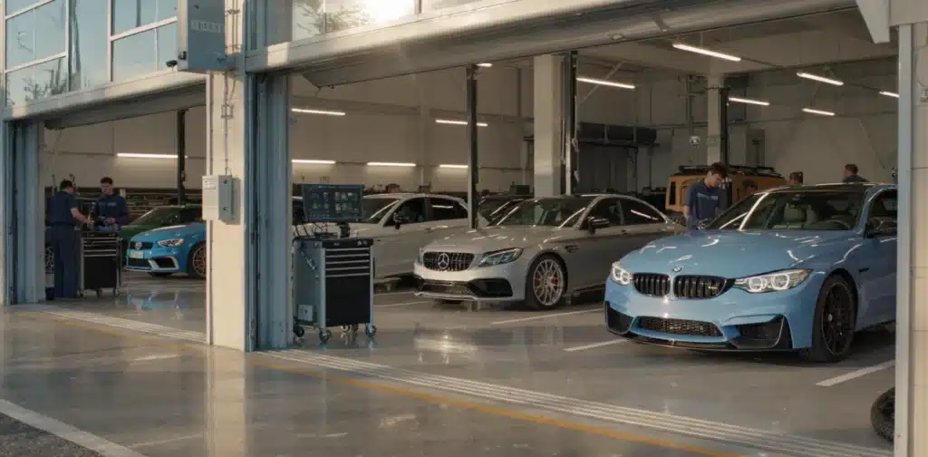 Luxury cars in garage with mechanics working.