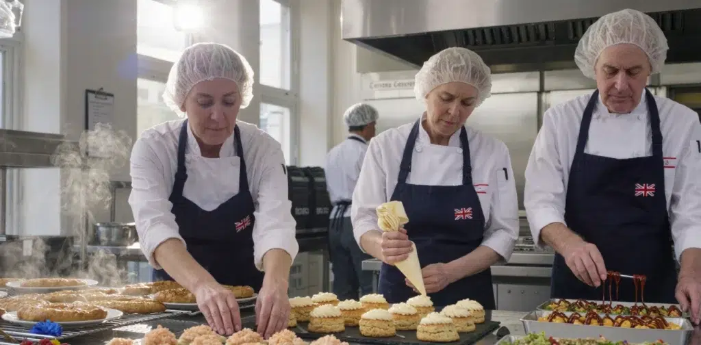 Chefs preparing pastries and desserts in a kitchen.