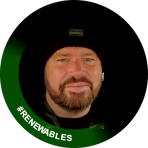 Man wearing beanie promoting renewables.