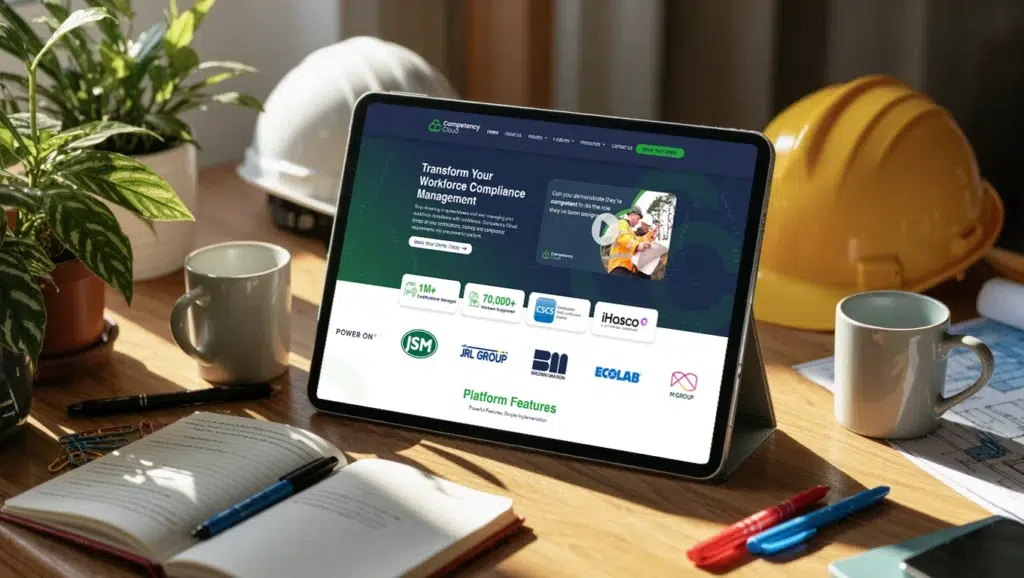 Tablet displaying workforce compliance management platform.