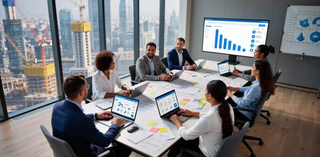 Business meeting in a modern office with laptops.
