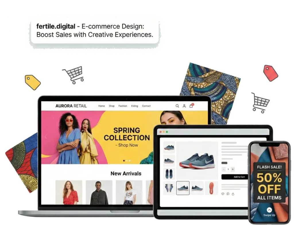 E-commerce website design with discounts and fashion collections.