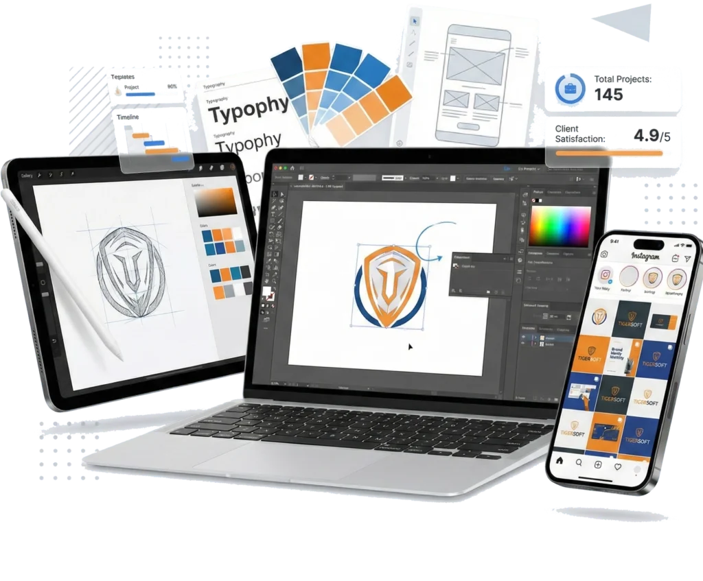 A laptop showcasing a graphic design project concept