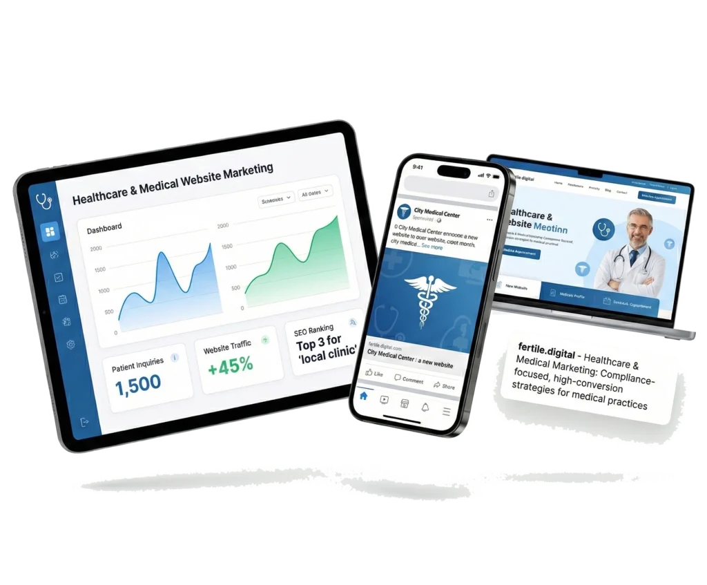 Healthcare website marketing analytics on tablet and mobiles.