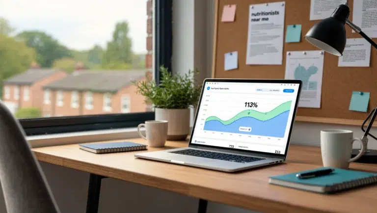 Laptop displaying data graph on office desk.