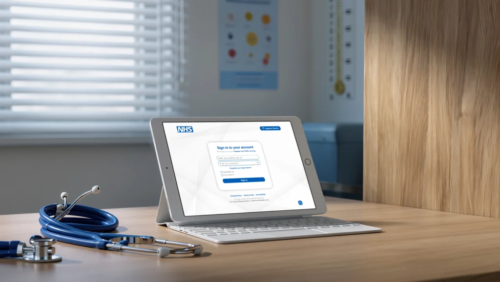 Tablet with NHS login screen on desk.