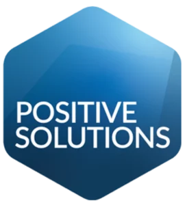 Positive Solutions logo, blue hexagon shape.