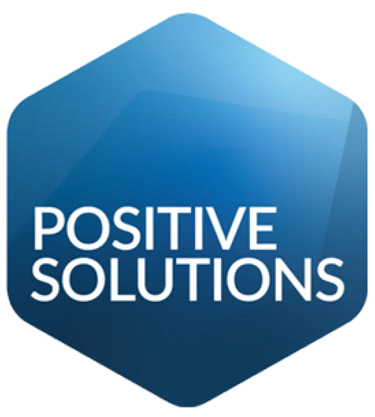 Positive Solutions logo, blue hexagon shape.