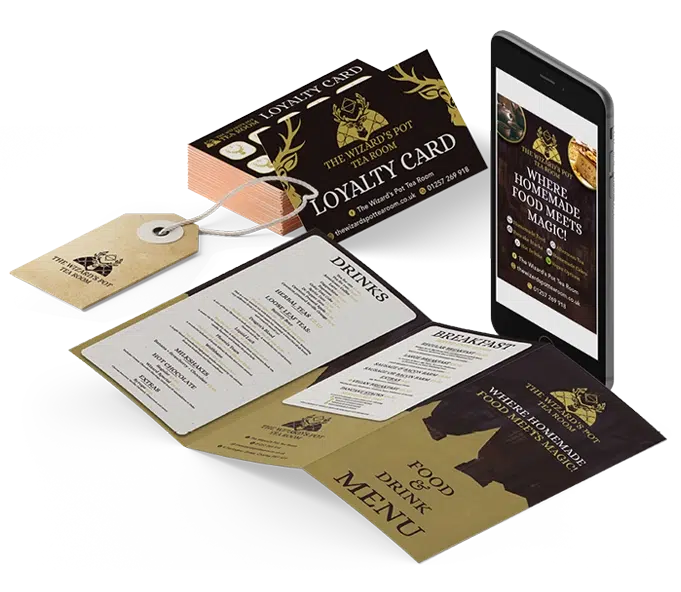 Wizards Pot menu and loyalty card display.