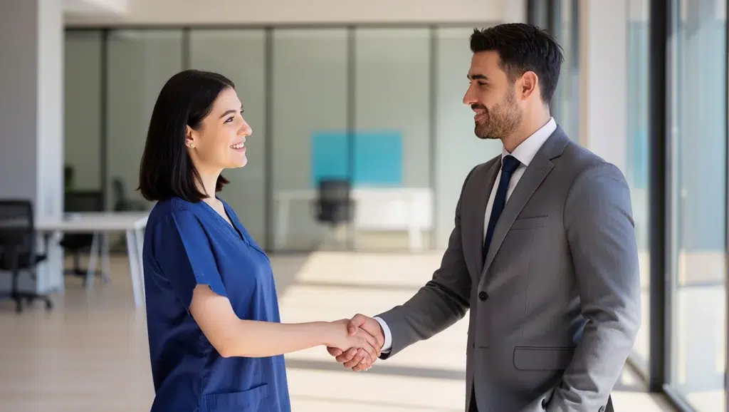Two professionals shaking hands in office.