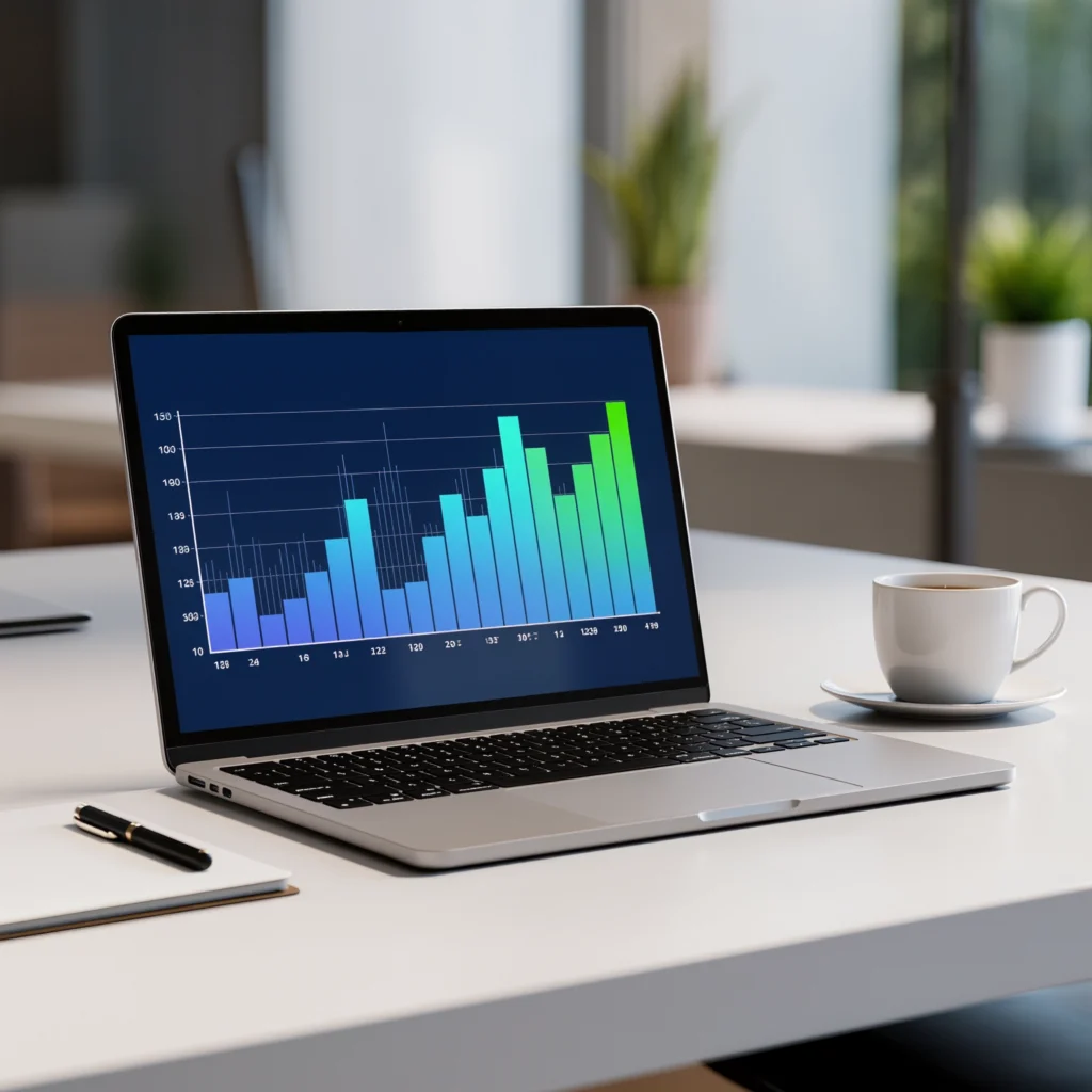 Fertile.Digital | Service Care Solutions – 62% Organic Traffic Growth Through Semantic SEO Laptop displaying colourful bar graph on table.