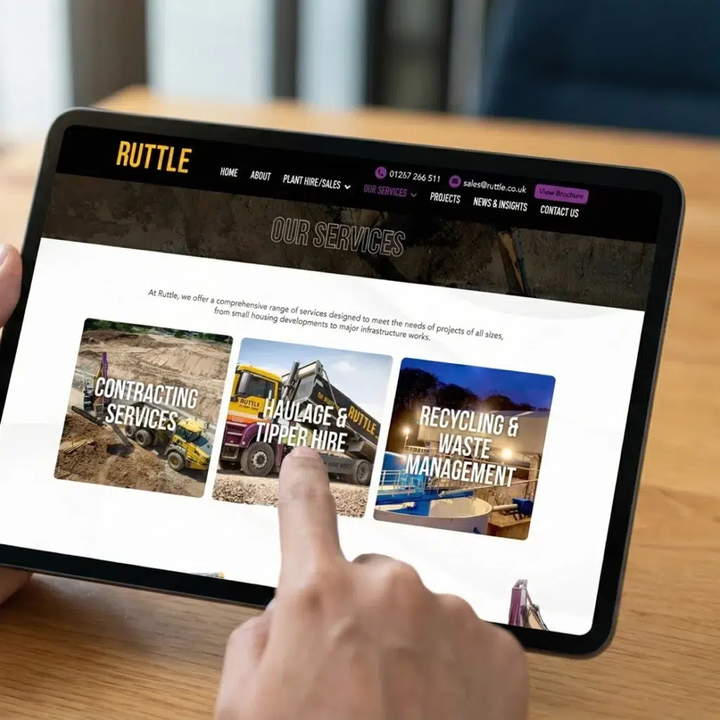 Tablet displaying Ruttle's services webpage.