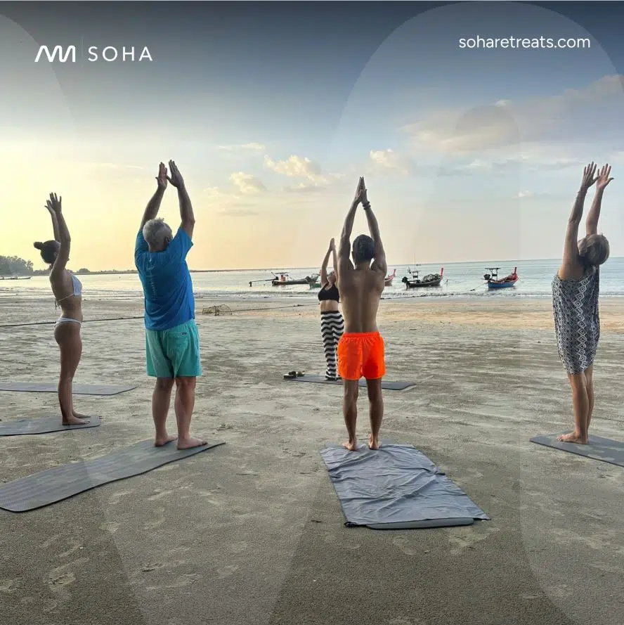Fertile.Digital | SOHA Retreats – Strategic Infrastructure Transformation Delivering 50% Cost Reduction & 65% Performance Improvement Beach yoga class at sunrise.