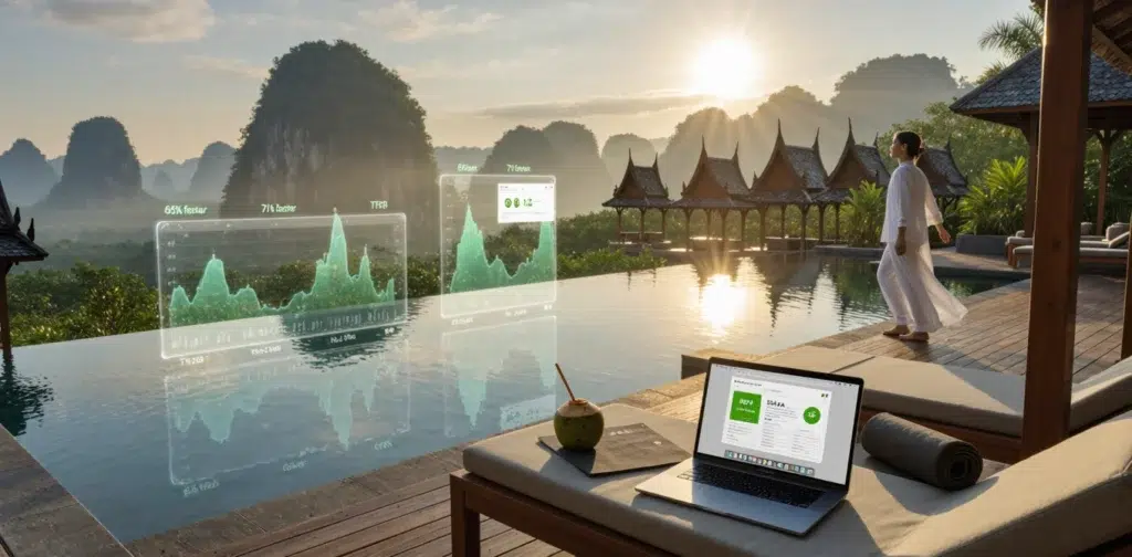 Luxury retreat with laptop and scenic view