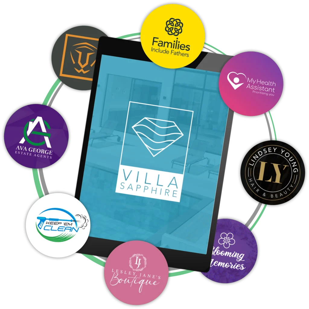 Villa Sapphire logo with various brand logos.