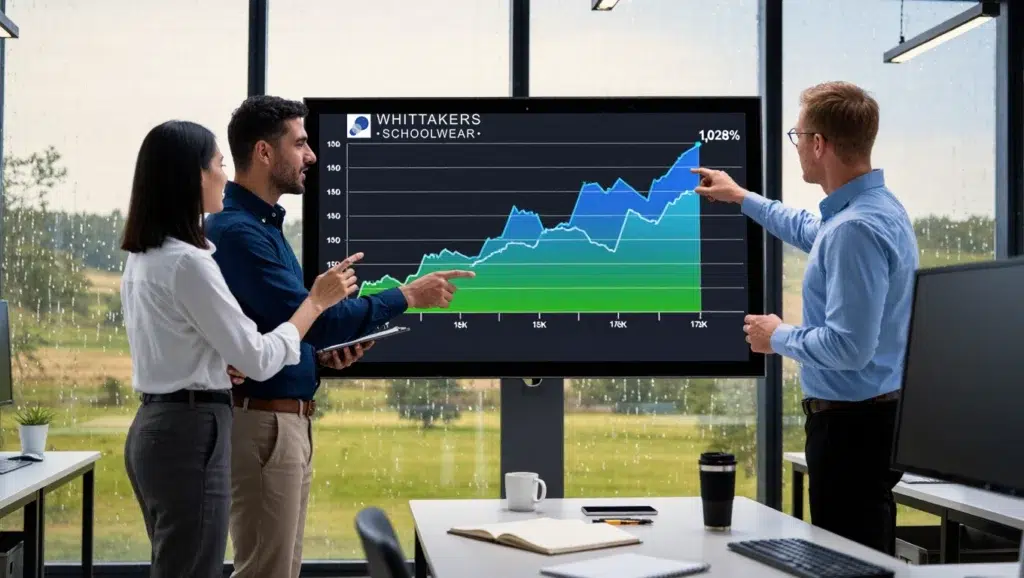 Business meeting with growth chart on screen.