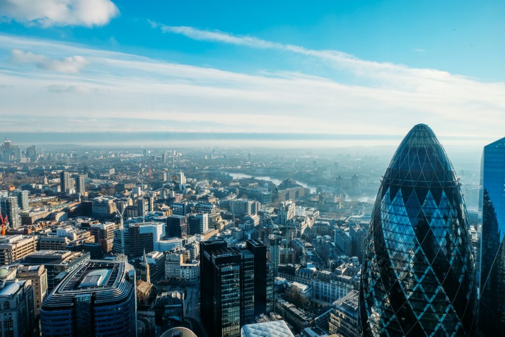London skyline with Gherkin building view.