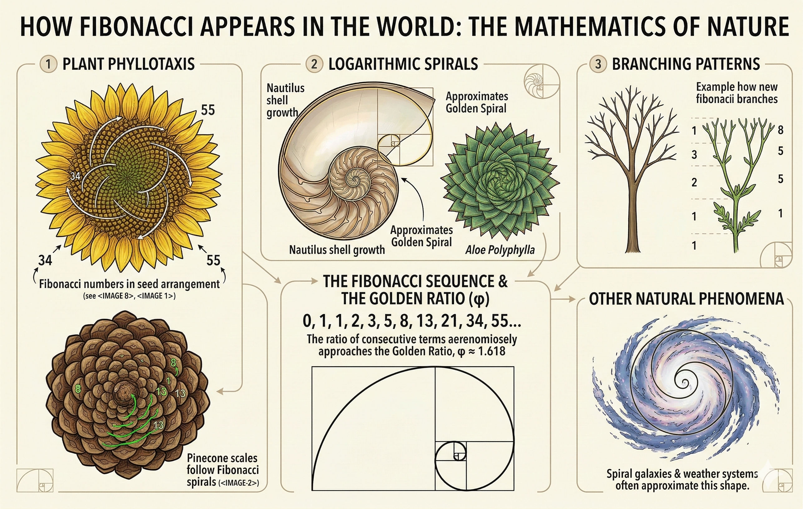 Fibonacci in nature: spirals, patterns, sequences illustrated.