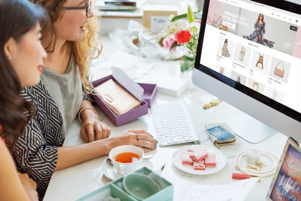Women shopping online at desk with snacks.