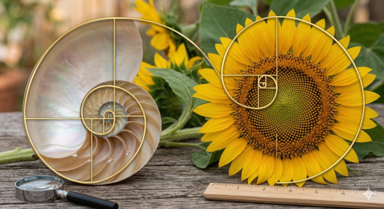 Nautilus, sunflower show Fibonacci spiral pattern.