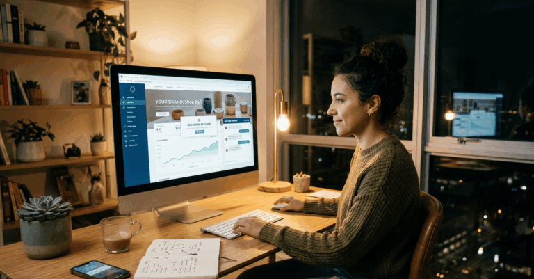 Woman working at desk with computer at night.
