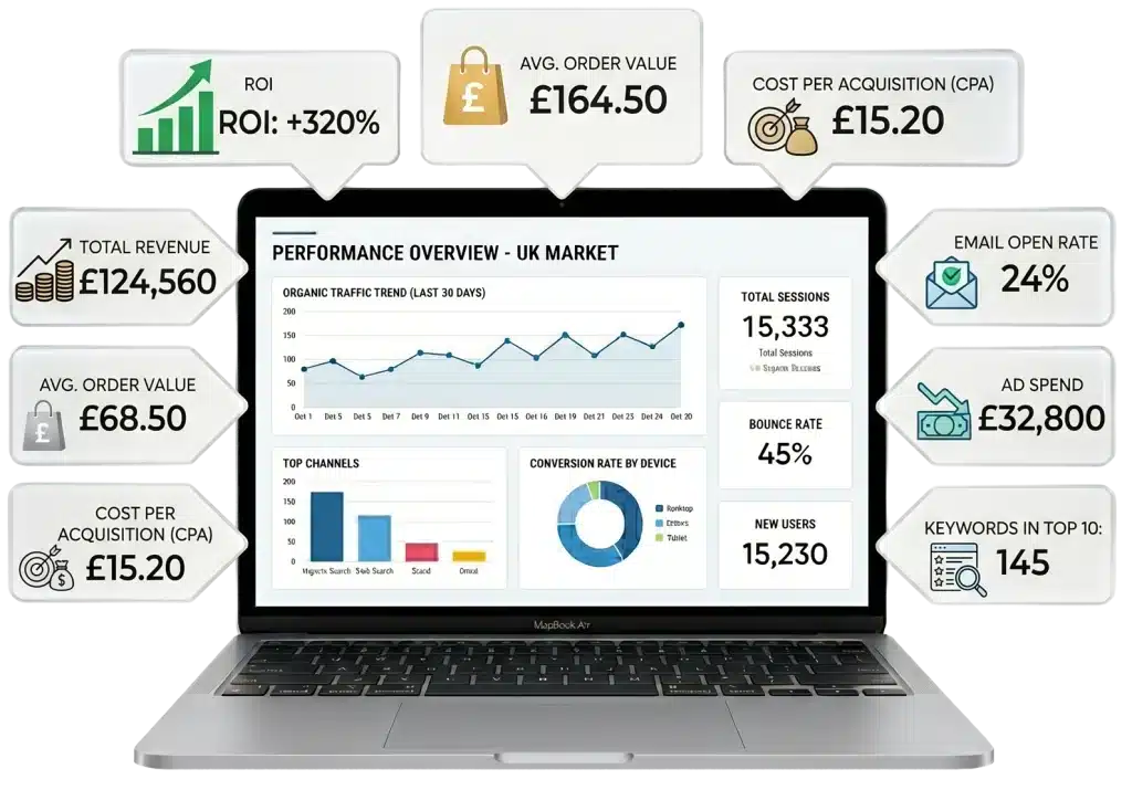 UK market performance data on laptop screen.