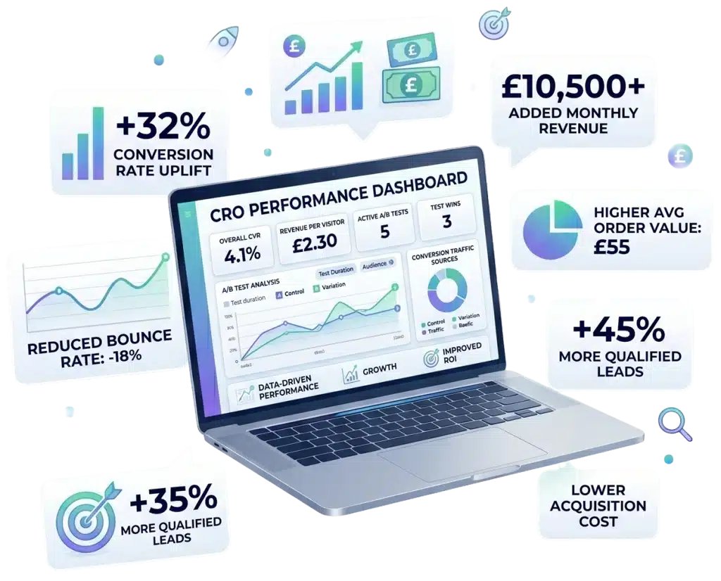 CRO performance dashboard showing revenue and conversion metrics.