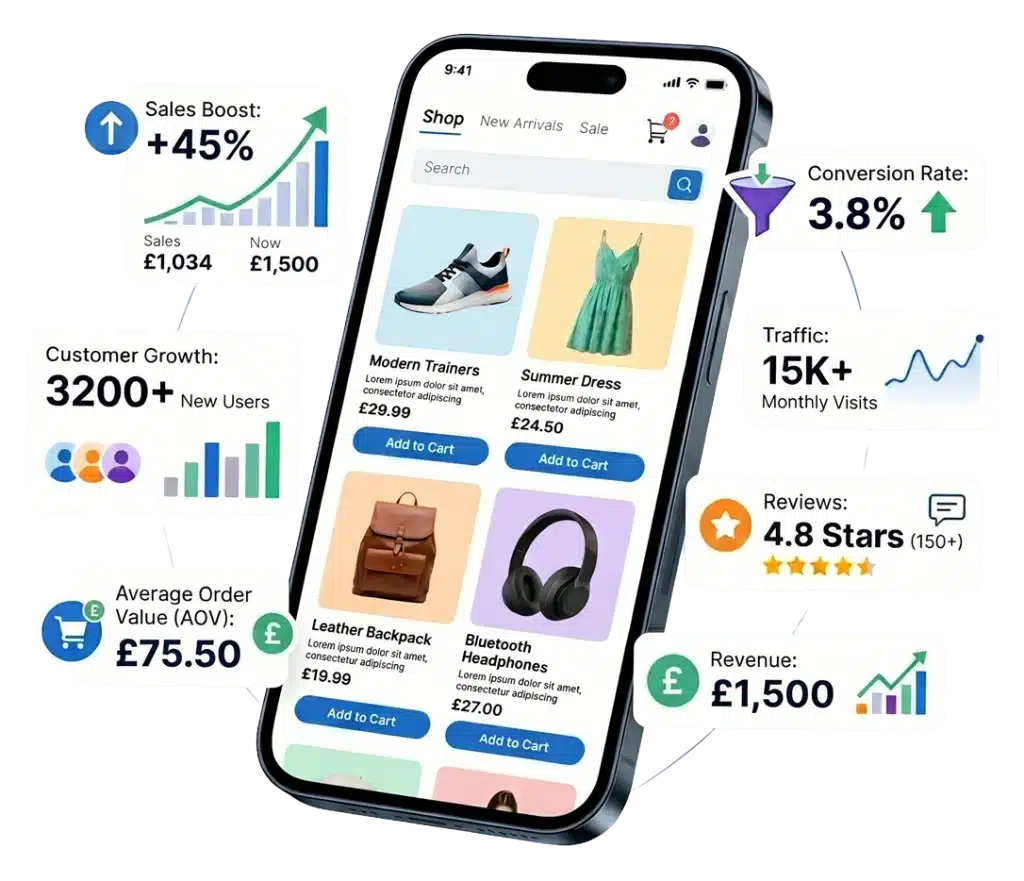 E-commerce app showing sales statistics and product listings.