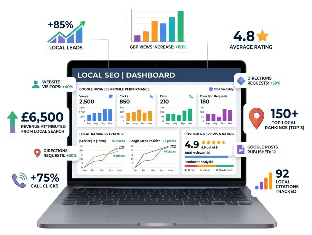 Local SEO dashboard showing performance metrics and rankings.