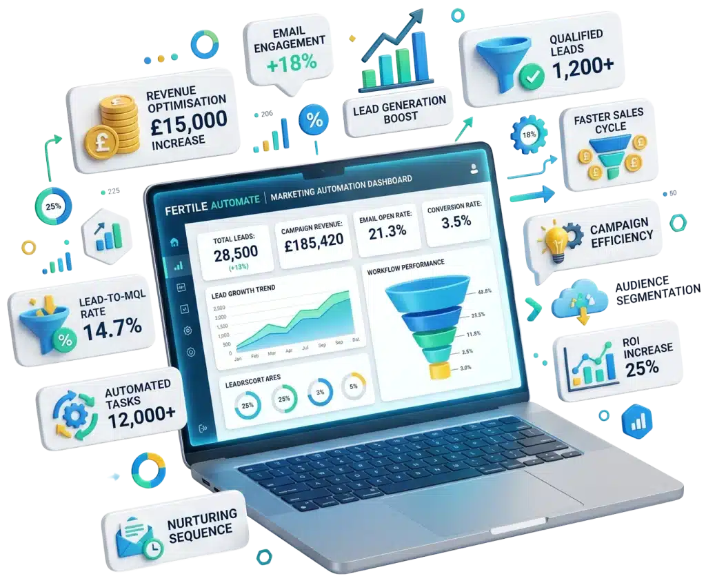 Marketing automation dashboard with performance metrics.