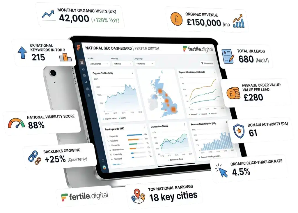 SEO dashboard showing UK metrics and performance data.