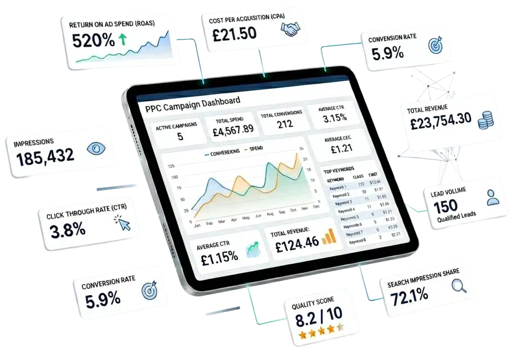 PPC campaign dashboard showing metrics and performance statistics.