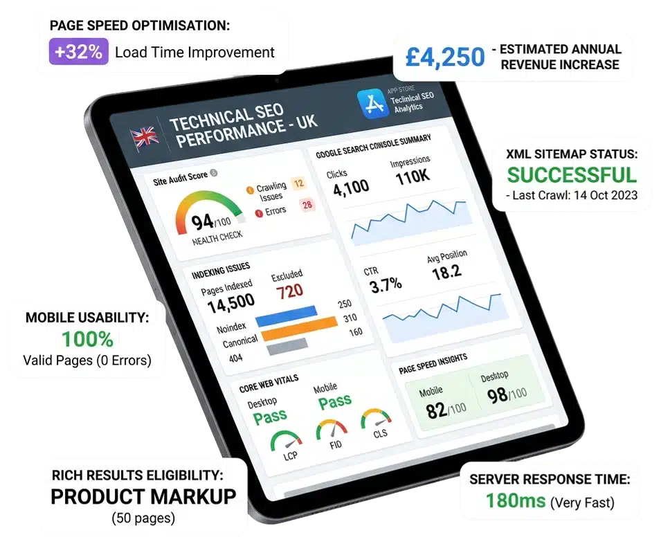 Tablet displaying technical SEO performance metrics.