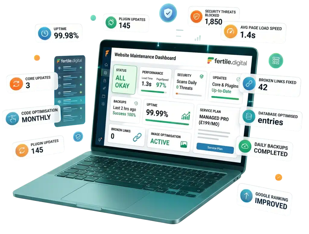 Website maintenance dashboard showing various metrics.