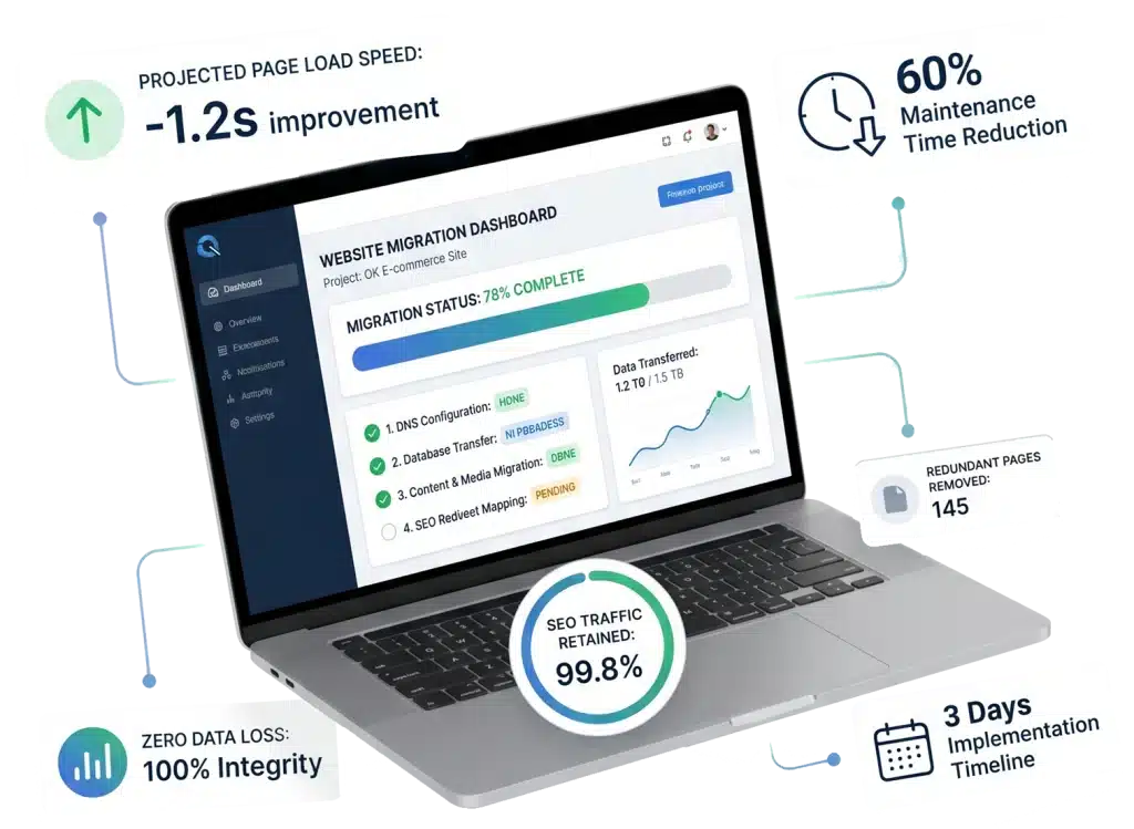 Website migration dashboard showing progress and statistics.