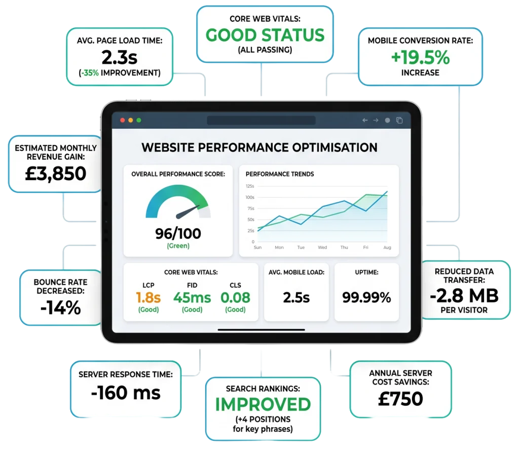 Website performance optimisation metrics and improvements displayed.