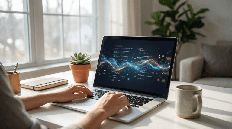 Developer working with AI-assisted code on a laptop