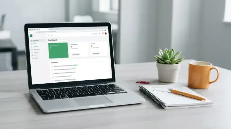 Laptop showing a website health dashboard and maintenance checklist on an office desk