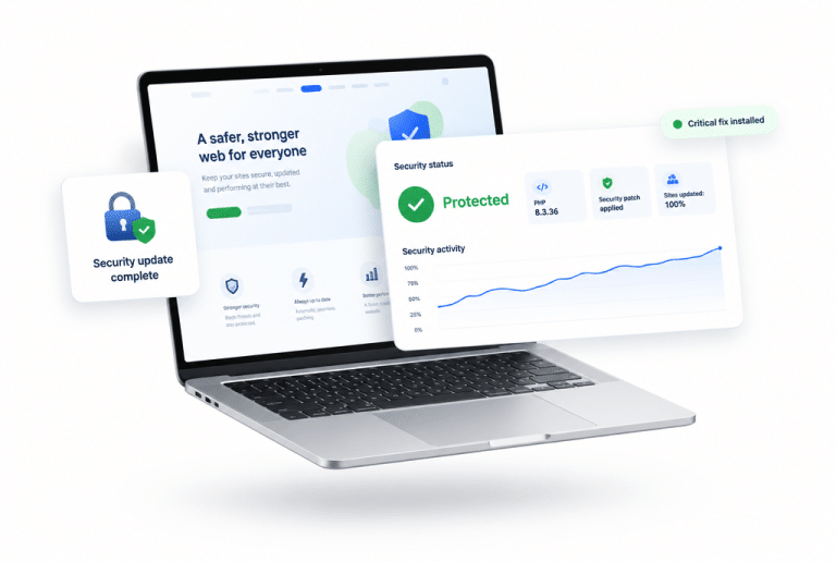 Laptop displaying web security dashboard with protection status
