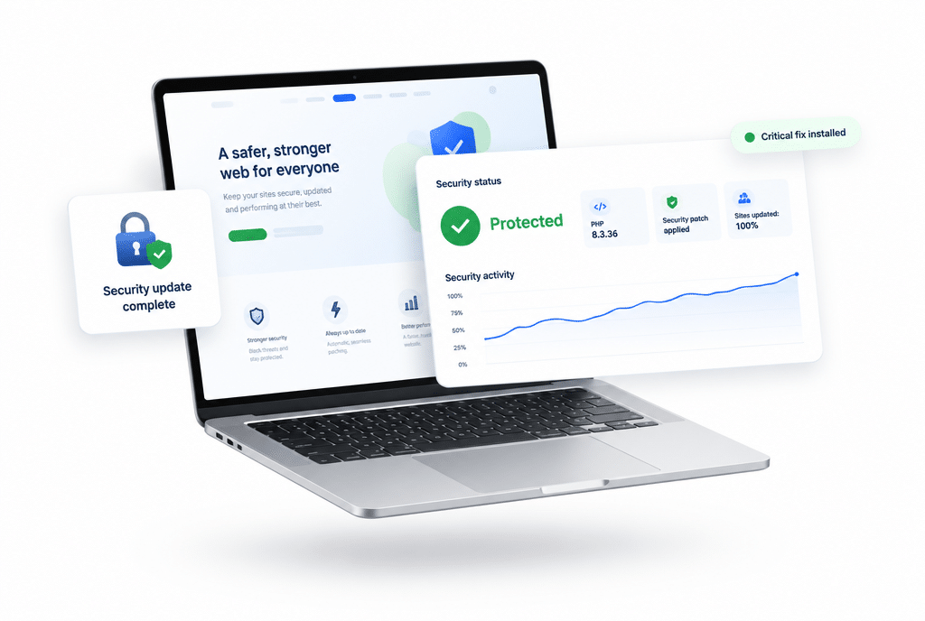 Laptop displaying web security dashboard with protection status